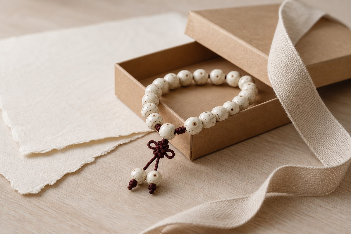 White bodhi bracelet in a neutral paper gift box with linen ribbon