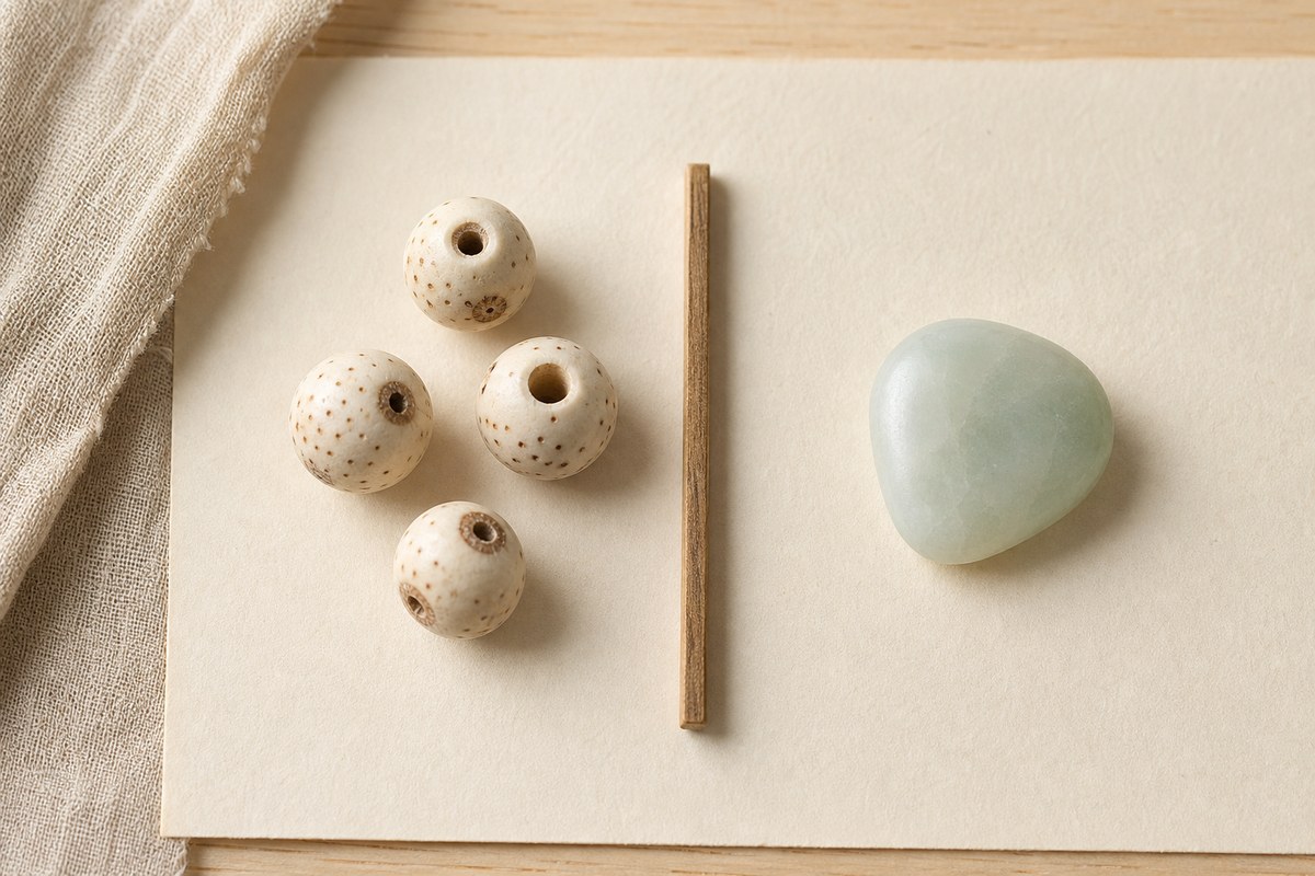 White bodhi seed beads beside a small pale jade stone for material comparison