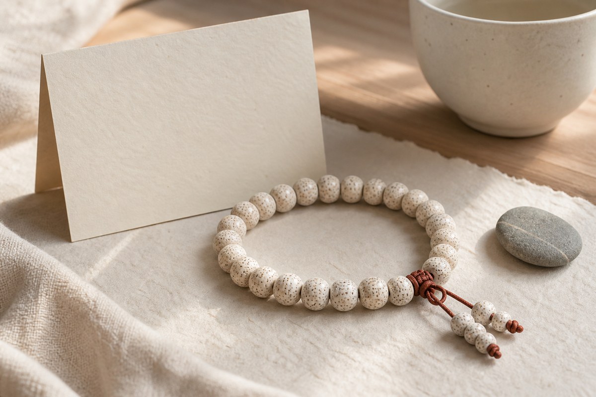 White bodhi bracelet beside a blank card and ceramic cup in warm natural light