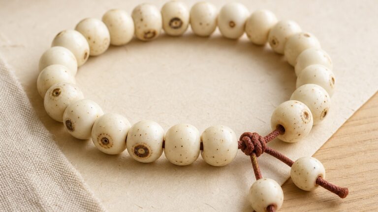 White bodhi seed bead bracelet on warm ivory paper and pale wood