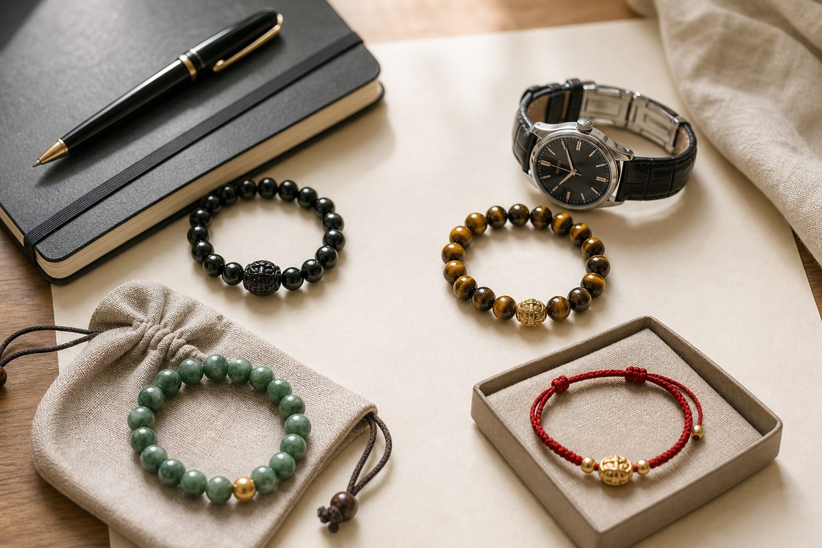 Men's bracelets grouped with a watch, notebook, gift tray, and linen pouch for different uses
