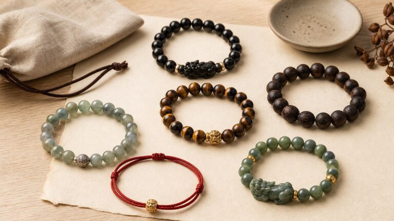 Men's lucky bracelets with obsidian, tiger eye, jade, red cord, gold bead, and wood on warm paper