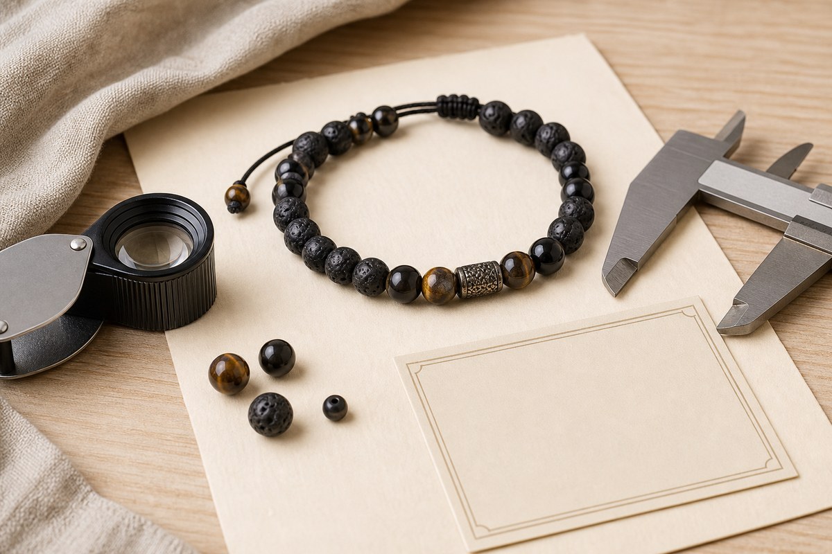 Men's bead bracelet inspected with a loupe, caliper, loose beads, and a blank card