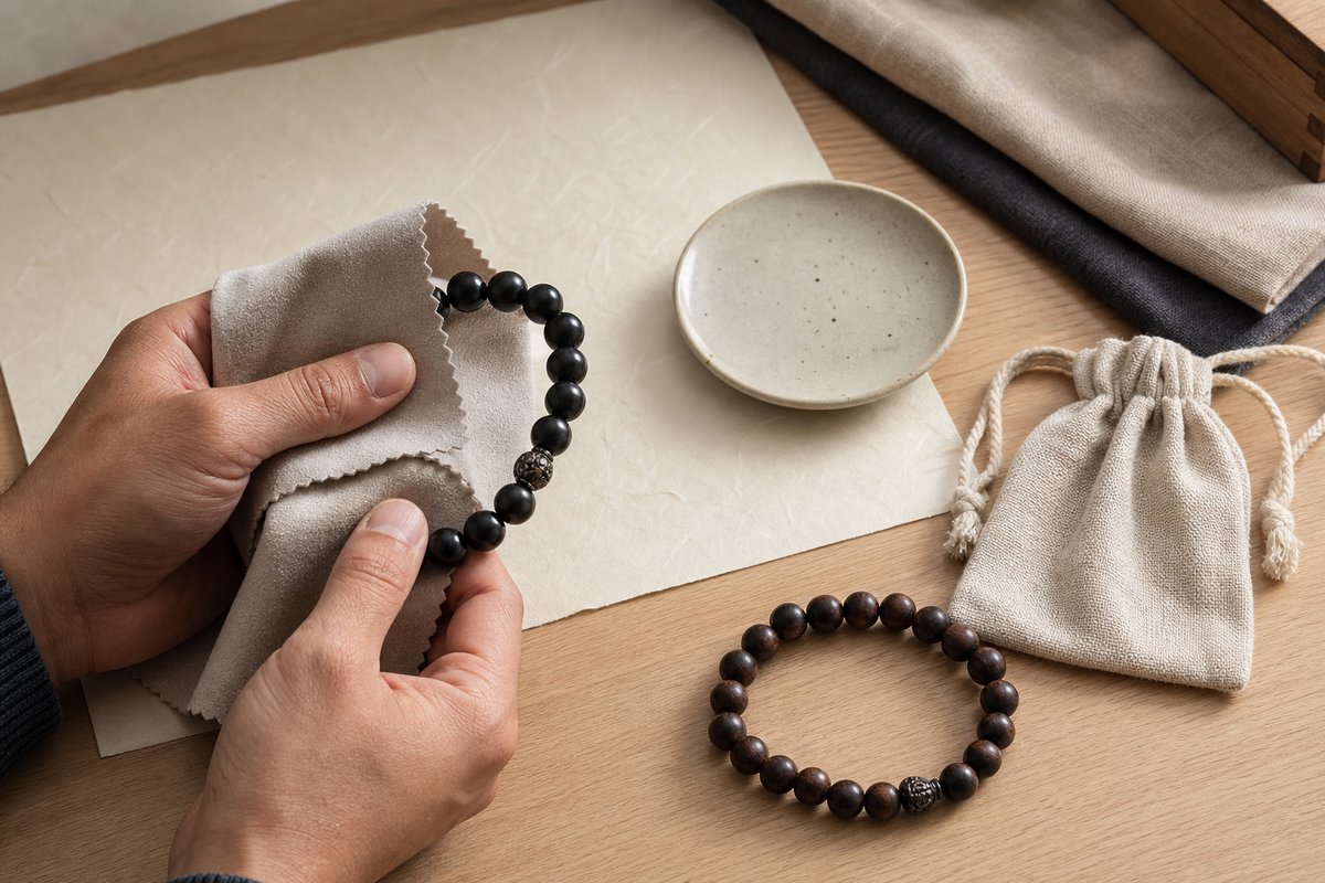 Hands cleaning a black stone bracelet with a soft cloth beside a linen pouch and ceramic dish