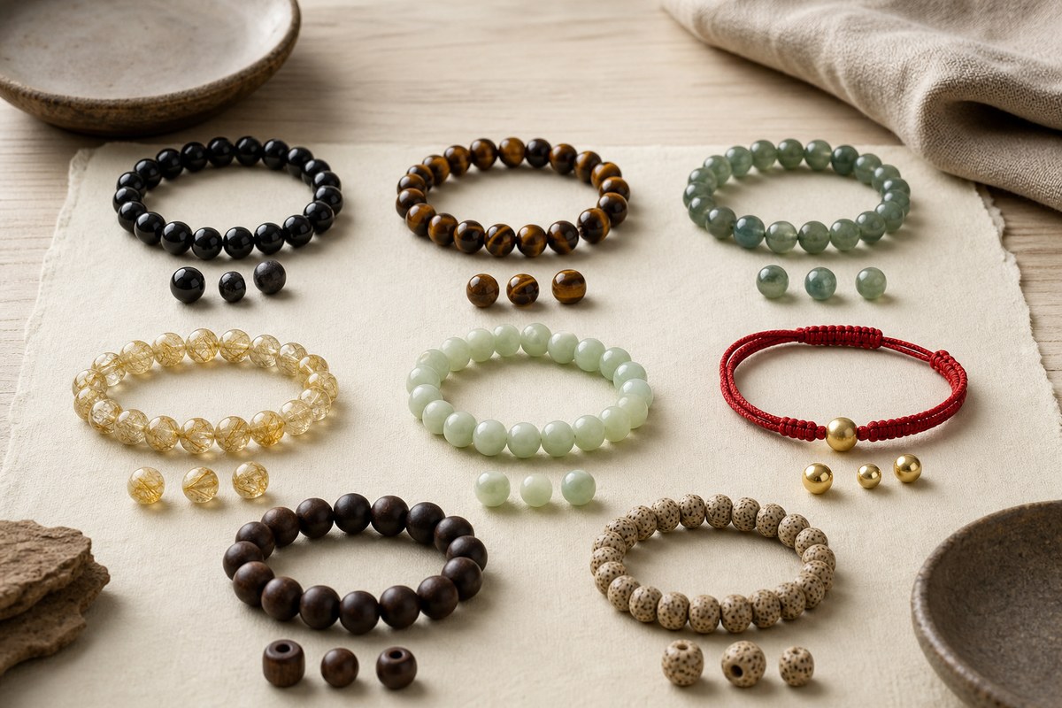 Men's bracelet materials including obsidian, tiger eye, jade, citrine, red cord, wood, and bodhi beads