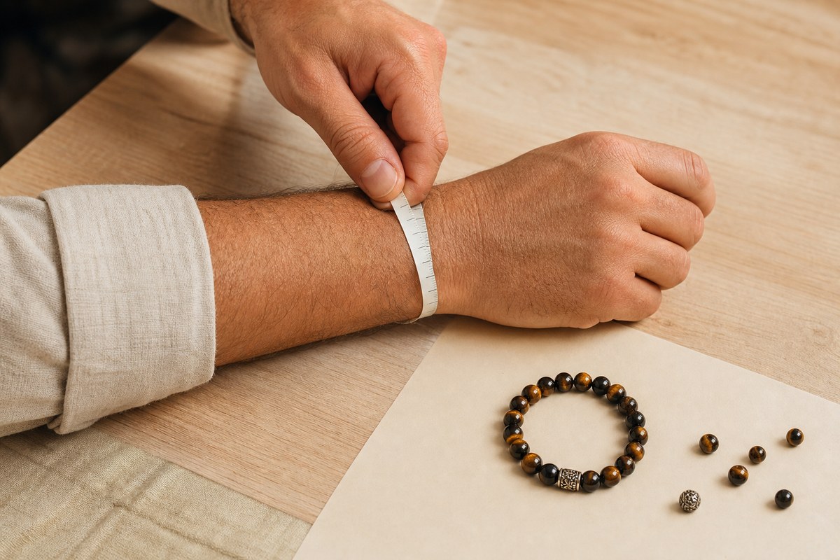 A man's wrist measured with a soft tape beside a tiger eye bracelet and loose beads