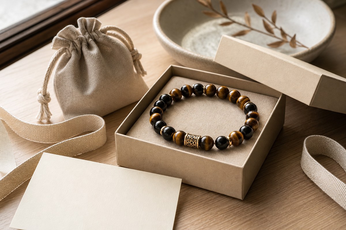 Men's tiger eye bracelet in a neutral paper gift box with a linen pouch and blank card