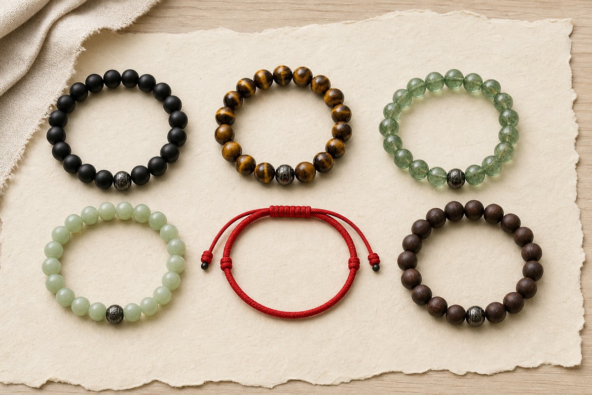 Six styles of men's lucky bracelets arranged on warm ivory paper for comparison