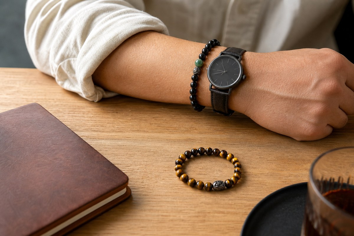 Men's bead bracelet worn with a neutral shirt cuff and understated watch on a warm wood desk