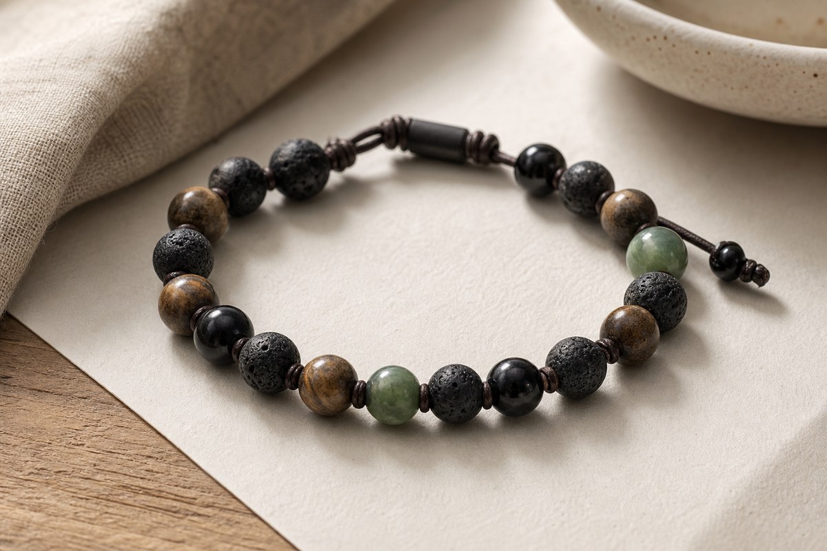 Close view of a men's stone bead bracelet showing knots, cord, and bead texture