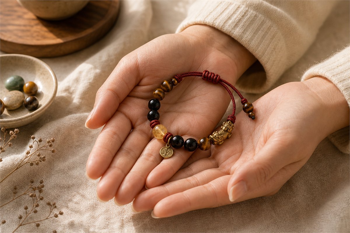 Strength bracelet held between relaxed hands with tiger eye, obsidian, citrine, red cord, and calm light