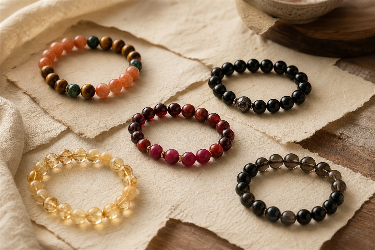 Grouped strength gemstone bracelet combinations for vitality, protection, fire energy, career confidence, and grounding