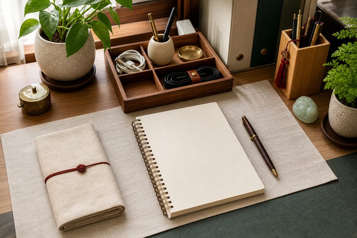 Organized office desk with storage tray, blank notebook, bundled cables, pen, plant, jade object, and open work area