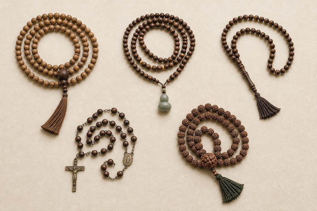 Five distinct prayer-bead forms arranged separately for Buddhist, Taoist, Islamic, Catholic, and Hindu contexts