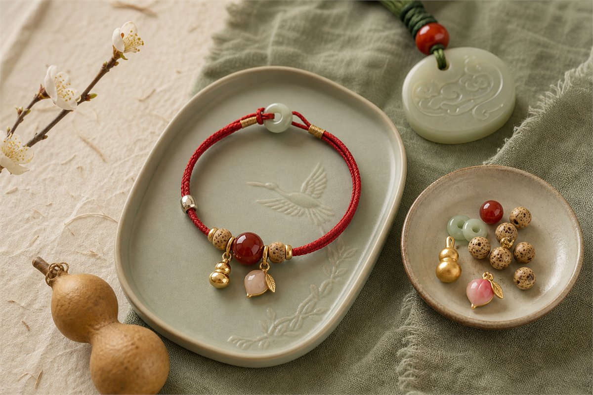 Red cord, silver, jade, Nanhong, bodhi beads, gourd, peach, and crane motifs arranged as protective bracelet symbols