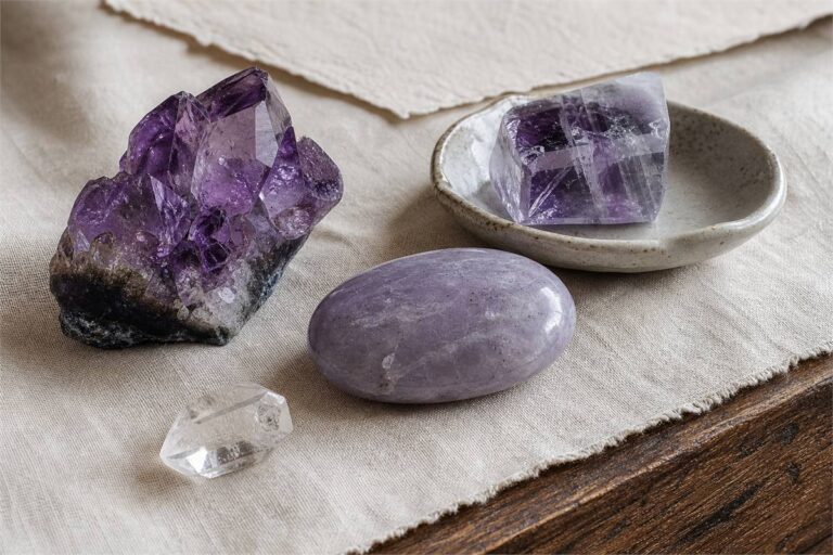 Amethyst, purple fluorite, and lavender stone arranged on warm ivory linen