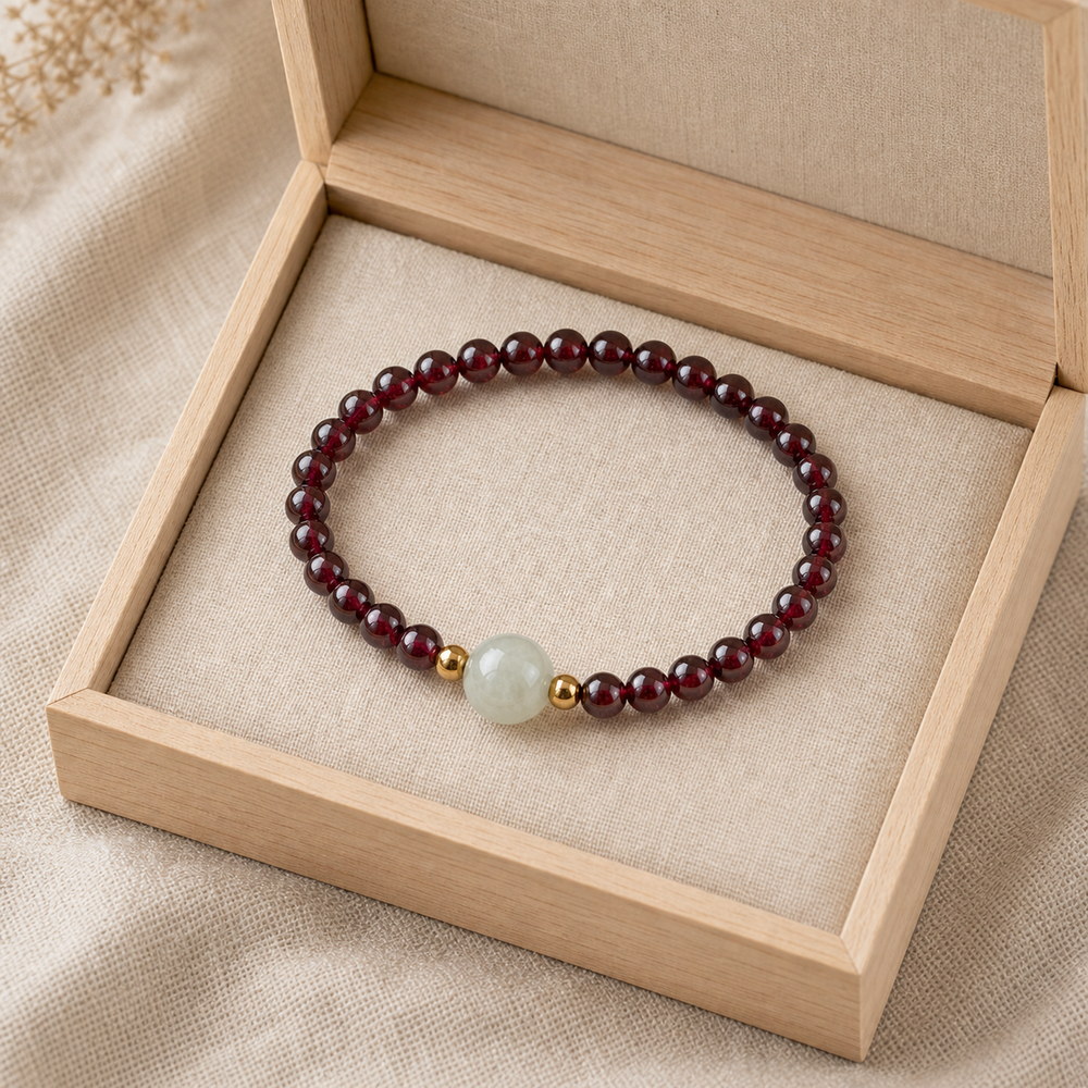 Quiet Glow Garnet & Pale Stone Bracelet, product in a neutral open display box