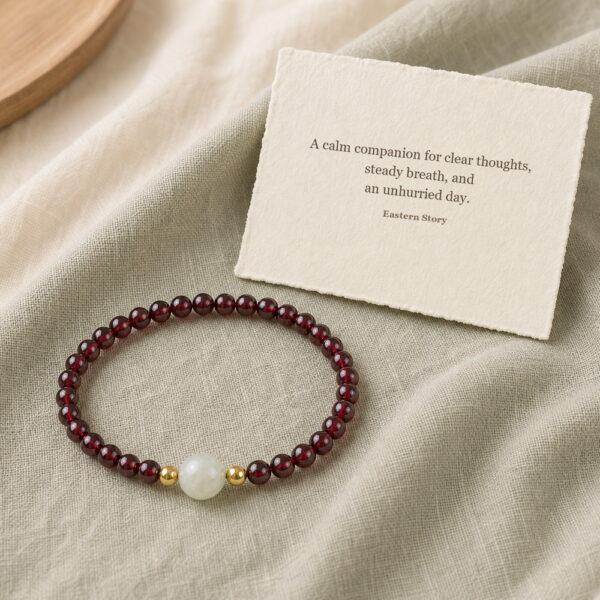 Quiet Glow Garnet & Pale Stone Bracelet - Meaning Card Quiet Glow Garnet & Pale Stone Bracelet, product on premium textile with a meaning card