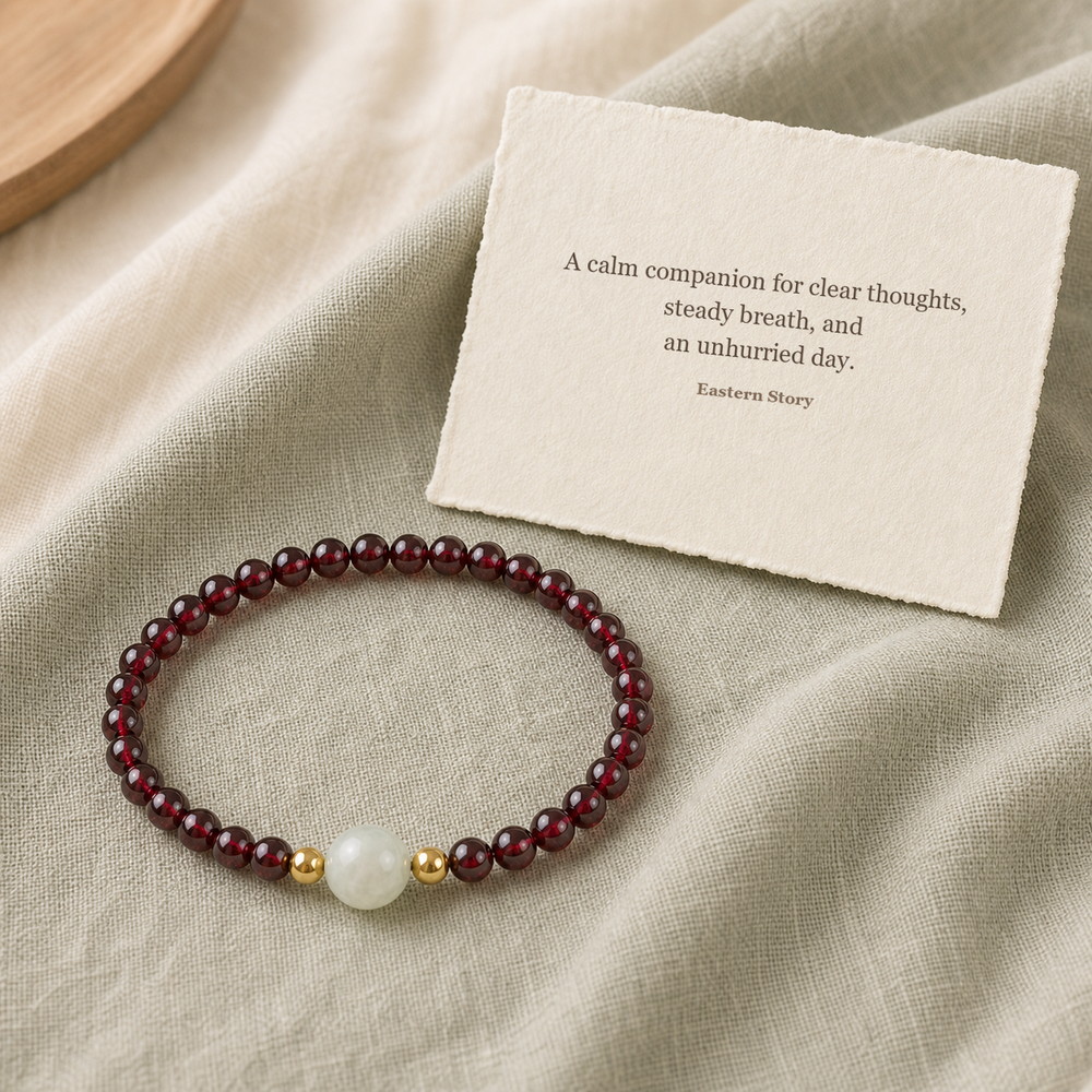 Quiet Glow Garnet & Pale Stone Bracelet, product on premium textile with a meaning card