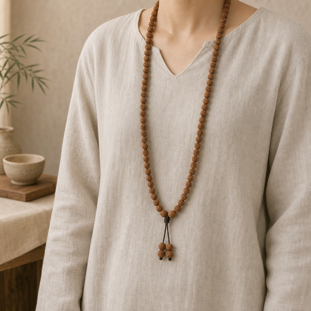 Quiet Path 108-Bead Bodhi Seed Mala, faceless long-necklace view from collarbone to waist