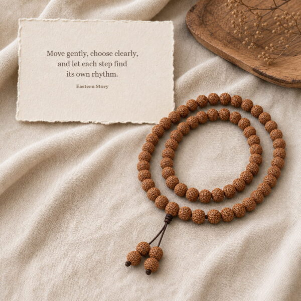 Quiet Path 108-Bead Bodhi Seed Mala - Meaning Card Quiet Path 108-Bead Bodhi Seed Mala, mala on premium textile with a meaning card