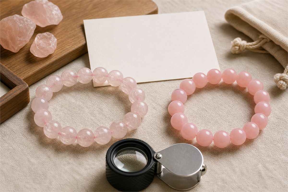 Natural-looking rose quartz beads compared with overly uniform pink beads beside a magnifying loupe