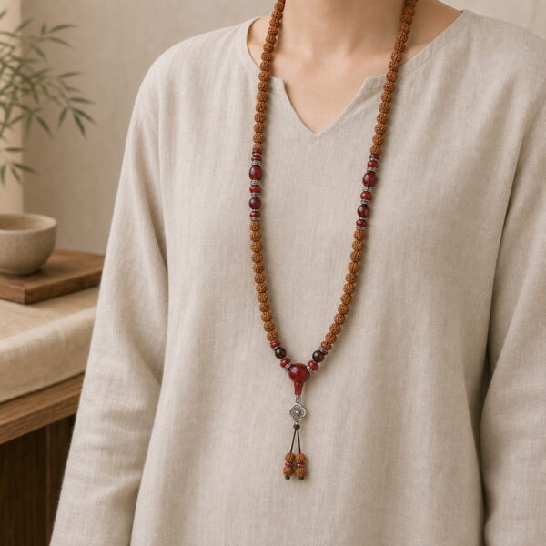 Red Harmony 108-Bead Bodhi Seed Mala - Long Necklace Red Harmony 108-Bead Bodhi Seed Mala, faceless long-necklace view from collarbone to waist