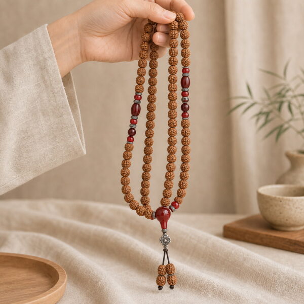 Red Harmony 108-Bead Bodhi Seed Mala - Handheld Drape Red Harmony 108-Bead Bodhi Seed Mala, mala draped naturally from one hand