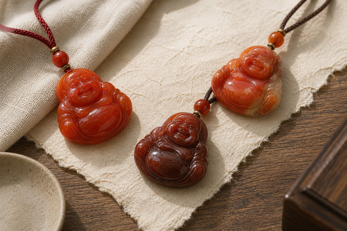 Red, orange, and reddish-brown jade Buddha pendants arranged on neutral linen and warm wood