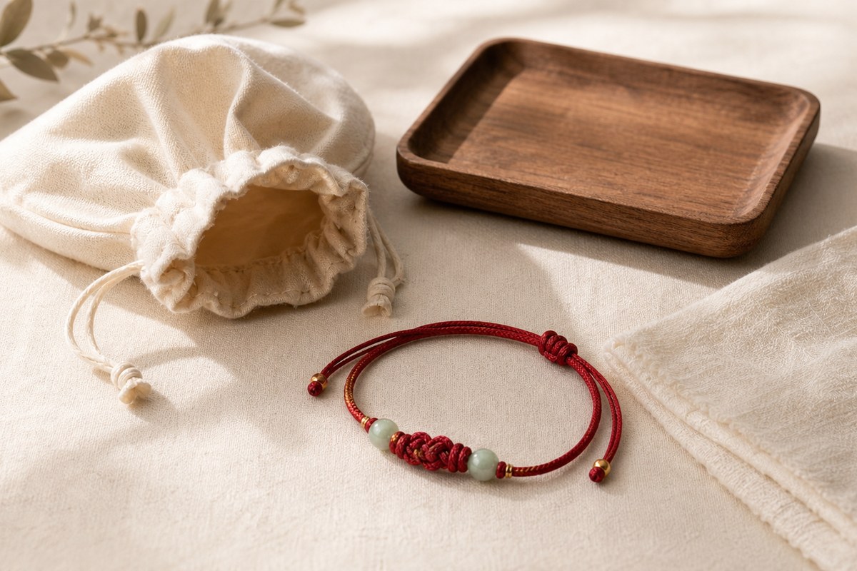 Red string bracelet placed with a soft cloth and jewelry pouch for careful dry storage