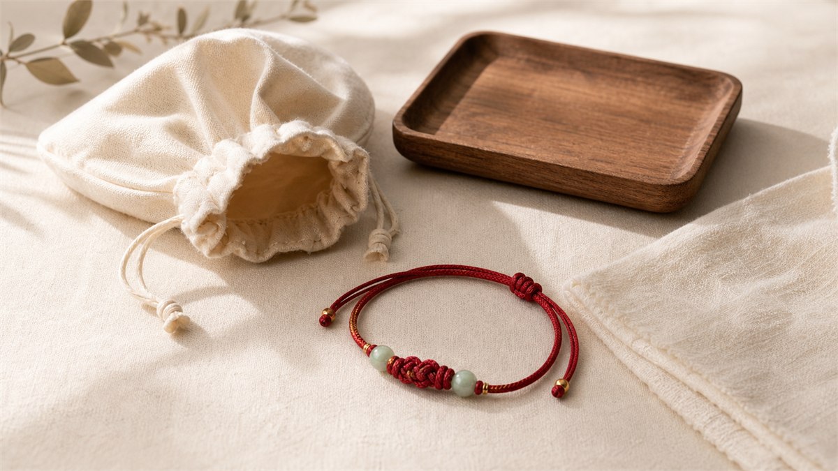 Red string bracelet placed with a soft cloth and jewelry pouch for careful storage