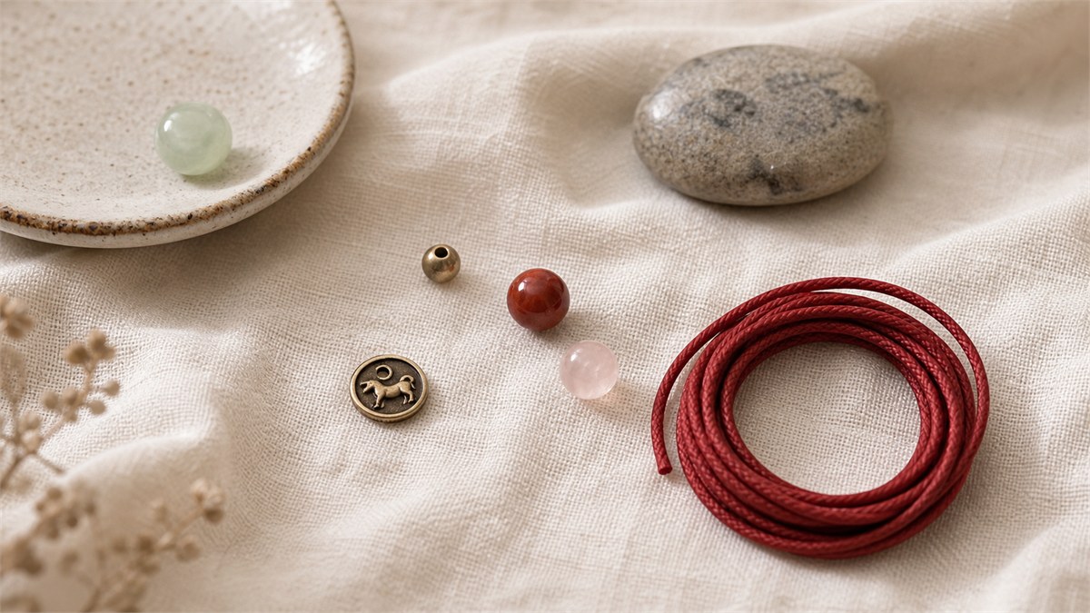 Gold bead, pale jade, cinnabar-colored bead, rose quartz, and zodiac charm beside red cord