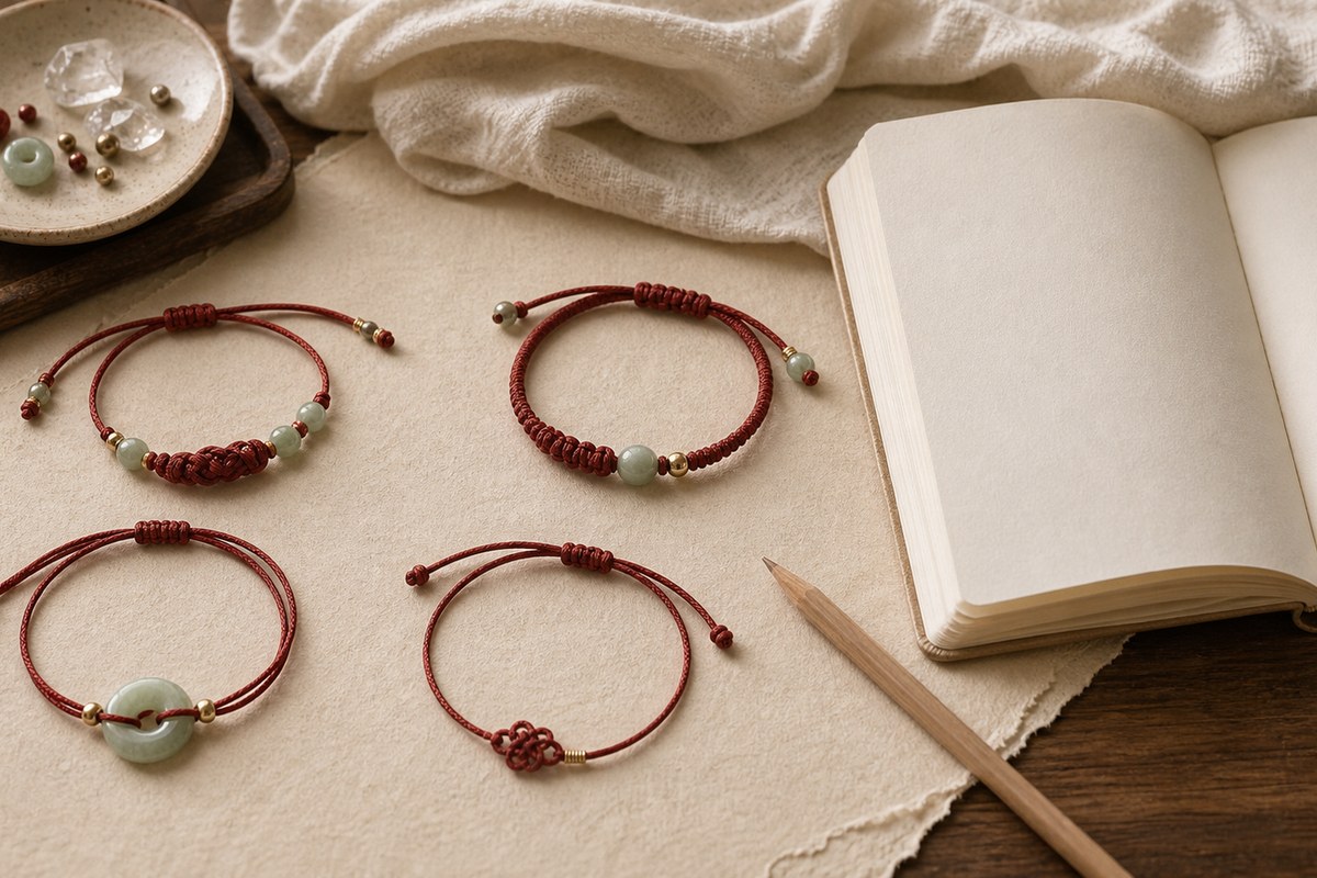 Several red string bracelet styles arranged on an editorial worktable beside a blank notebook