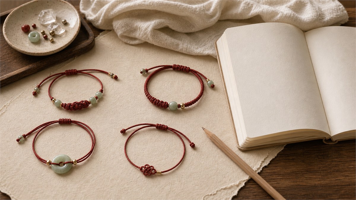 Several red string bracelet styles arranged on an editorial worktable for comparison