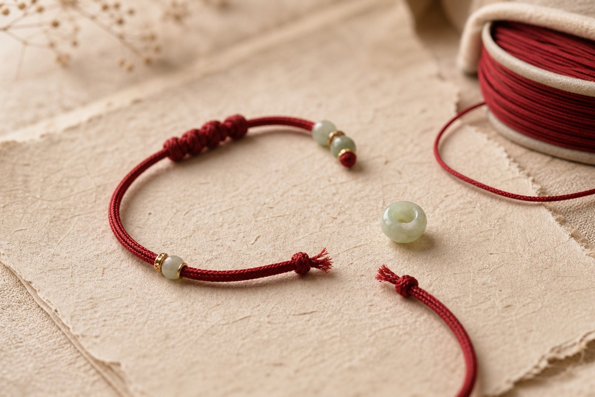 Broken red bracelet cord on handmade paper with its jade bead kept safely beside it