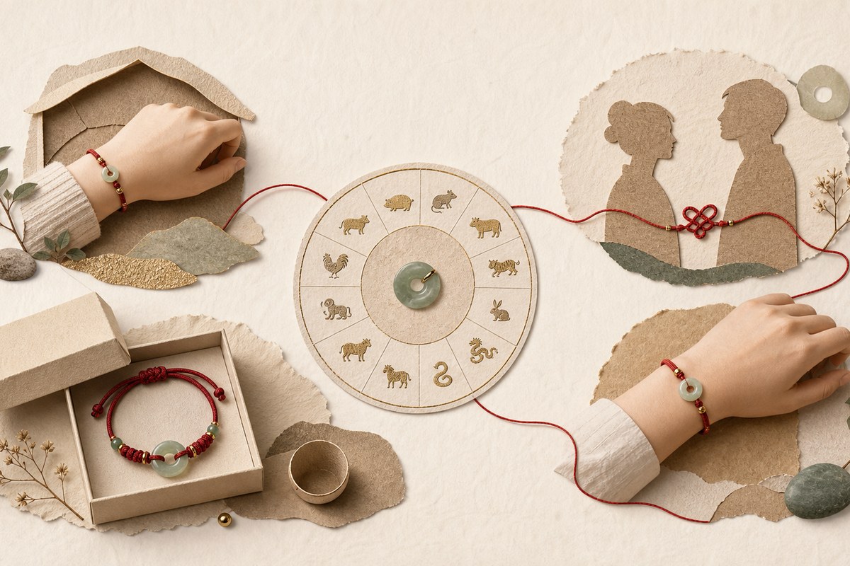 Red string bracelet gift scenes with a zodiac circle, gift box, wrists, and red thread on warm paper