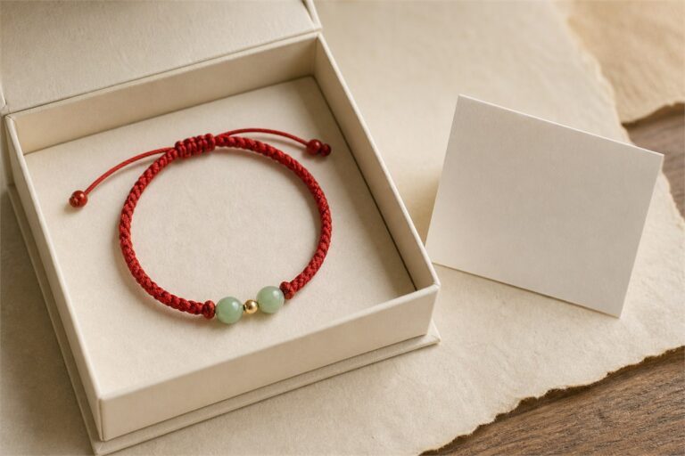 Red string bracelet presented as a meaningful gift on warm red paper