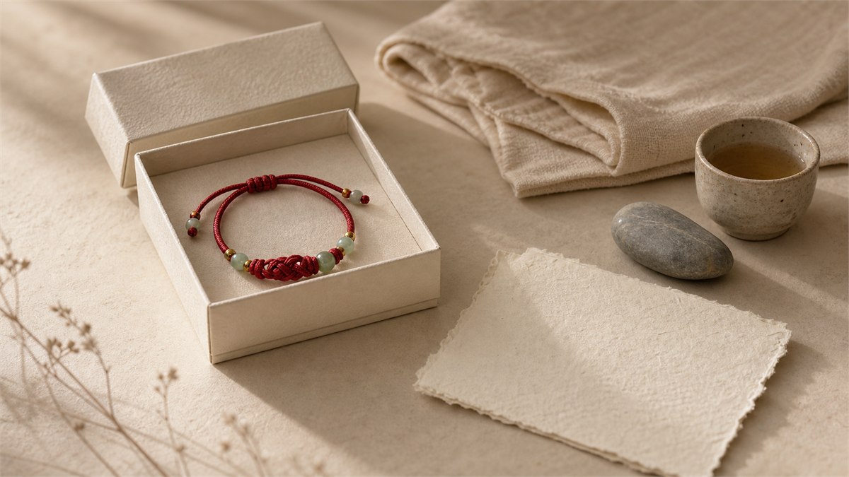 Red string bracelet presented in an open paper gift box beside a blank handmade card