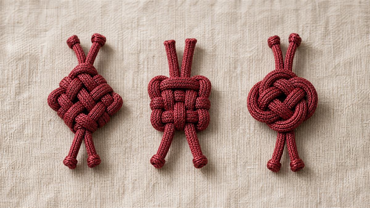 Three distinct hand-tied red cord knots displayed in a detailed macro photograph