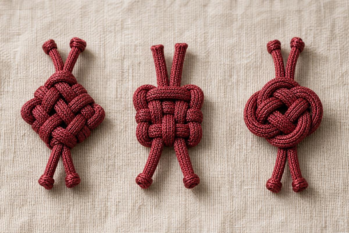 Three distinct red cord knots displayed on neutral linen in a macro craft photograph