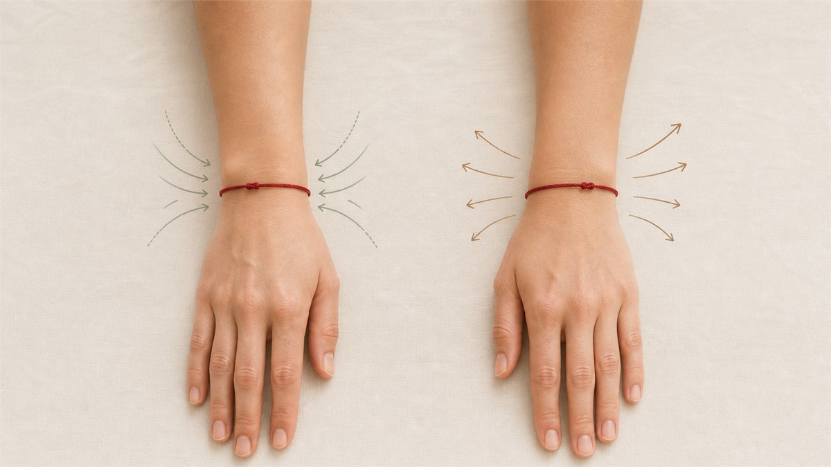 Two wrists with red string bracelets showing inward and outward directional movement