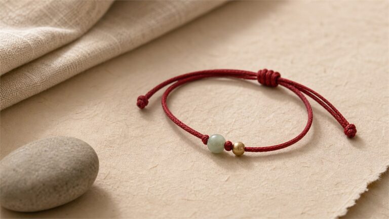 Red string bracelet with jade and gold beads arranged on handmade paper in soft natural light