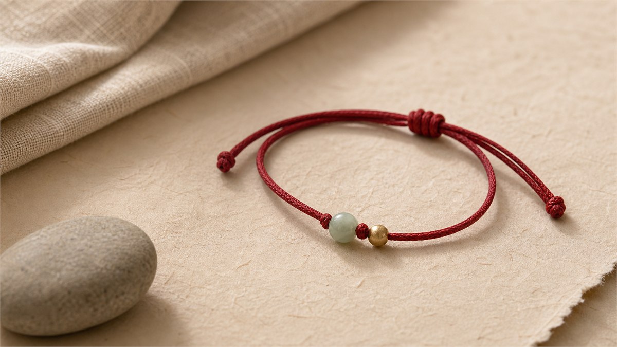 Red string bracelet with jade and gold beads arranged on handmade paper in soft natural light