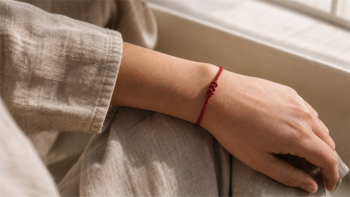 Red string bracelet worn closely on a wrist beside a calm window in soft daylight