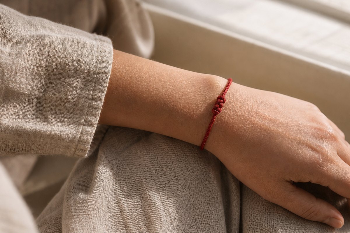 Red string bracelet worn on a wrist beside a softly lit window and neutral linen sleeve