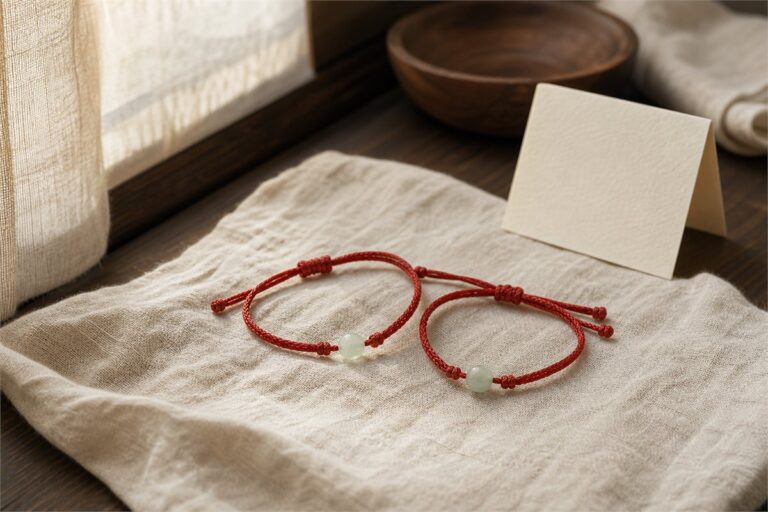 Two coordinated red string bracelets arranged as a pair on warm ivory linen