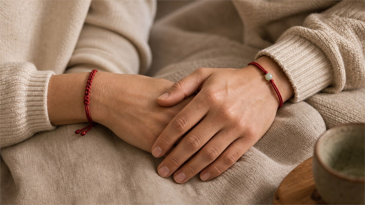 Two partners wearing coordinated red string bracelets while their hands rest together