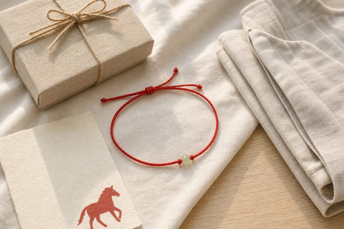 Adjustable red string waist chain with jade bead beside a cream gift box and subtle red horse paper shape