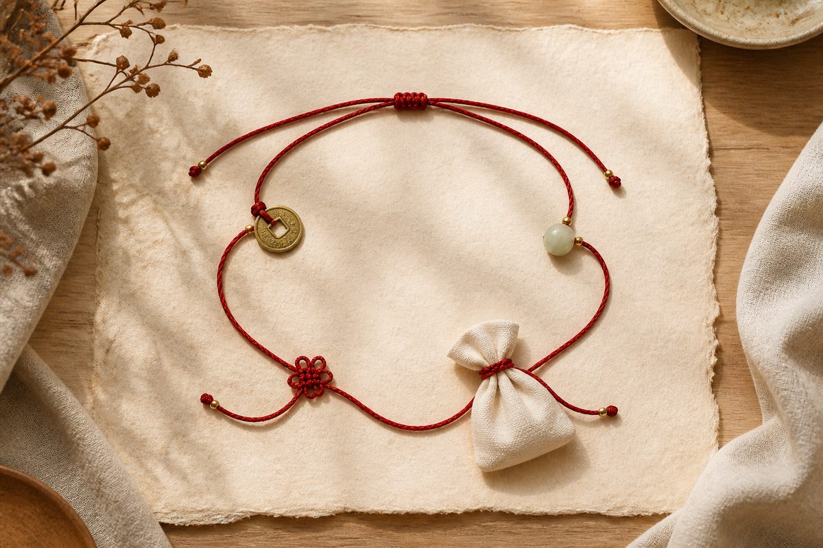 Red string waist chain arranged with a jade bead, red knot, small brass coin charm, and cream gift pouch