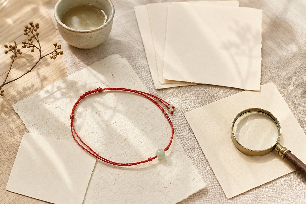 Red string waist chain with jade bead beside blank cream cards and a small magnifying glass